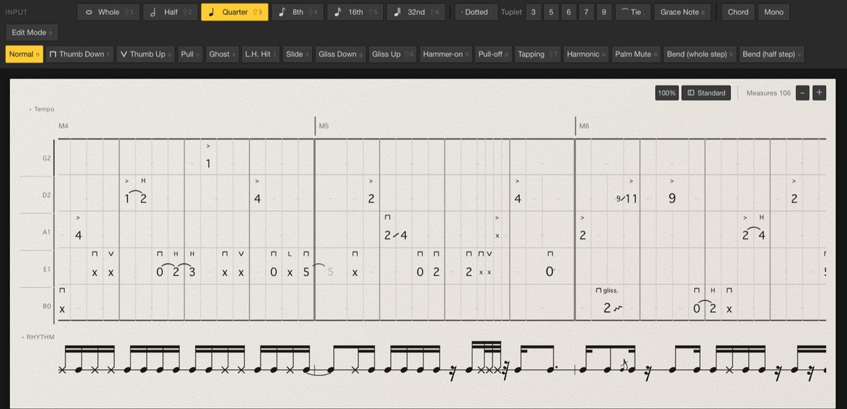 Lowline's note lengths and bass techniques (Thumb Down, Thumb Up, Pull, Ghost, Slide, Hammer-on, Tapping, Harmonic and more) above a 5-string tab