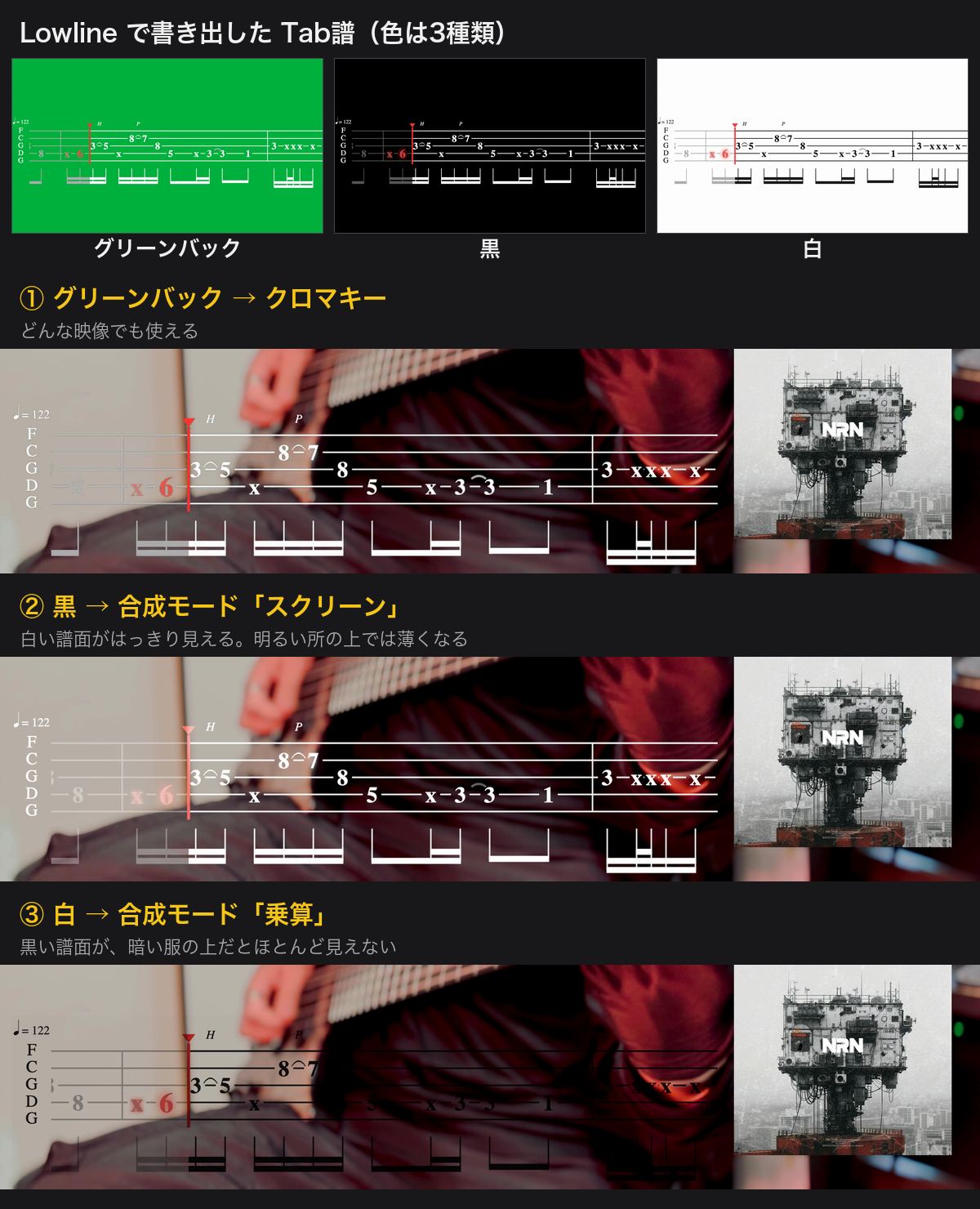 Lowlineで書き出した緑・黒・白のTab譜と、それぞれクロマキー・スクリーン・乗算で演奏動画に重ねた結果