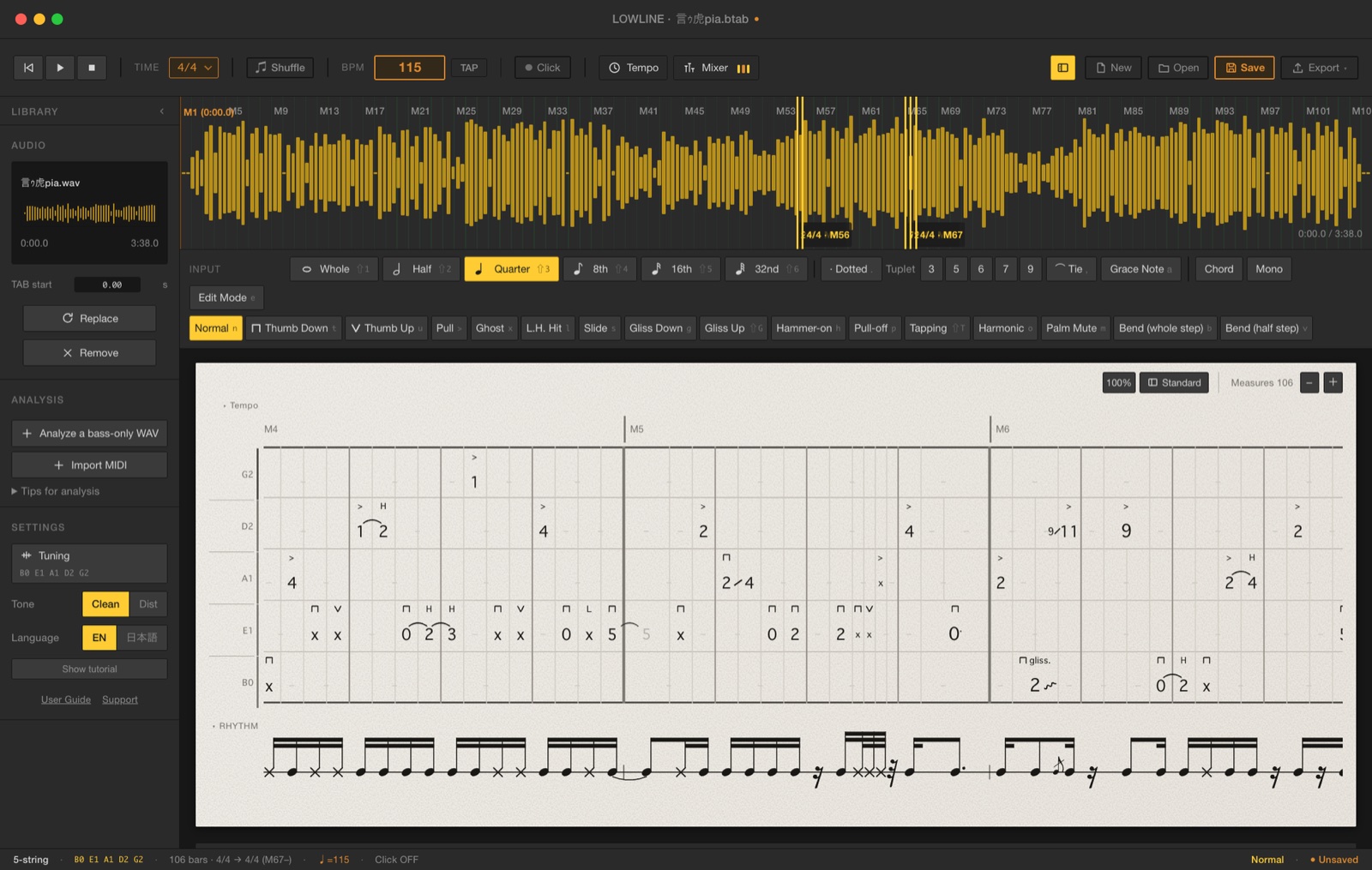 The Lowline editor: the song's waveform at the top, bass techniques in the toolbar, a 5-string tab and rhythm notation below
